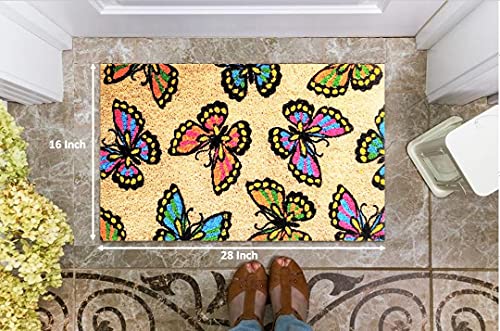 Designer Welcome Natural Coir Non Slip Doormat For Patio, Front Door, All Weather Exterior Doors 16 X 28 Inch Cream Multicolor Butterfly #TOP1