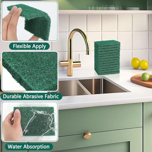 Image of Green Scrubbing Pads - Reusable Heavy Duty Scrub Pads for Household Cleaning, Dishwashing, Kitchen, Pots, Pans & Metal Grills