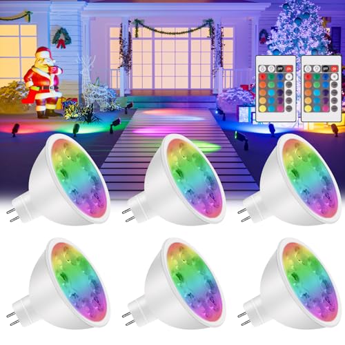 Noobibaba MR16 LED Bulb Color Changing 4W MR 16 LED Bulbs for Landscape Lighting 12V Gu5.3 Bi-Pin Base, Warm White+15 Multicolor for Halloween Christmas Lights (6 Bulbs and 2 Remotes)