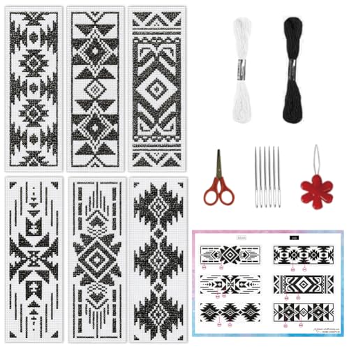 Image of INFUNLY 6pcs Aztec Print Cross Stitch Bookmark Kit for Beginners DIY Vintage Geometry Embroidery Bookmark Kits Black White Needlepoint Kit with Instruction Easy Cross Stitch Set for Book Lovers Reader