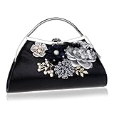  Cheerlife Luxus Glitzer Vintage Damen Perlen Bluemen Clutch Abendtasche Hochzeit Party Brauttasche Handtasche Umhängetasche mit Ketten Träger Schwarz