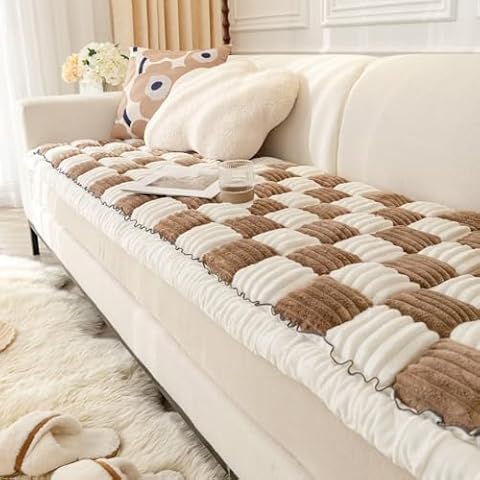 VClife Couch Cover for Dog Washable Sofa Cover Scratch Resistant Thick Flannel Couch Cover for 3 Cushion Couch Sofa, Anti-Slip Fuzzy Sofa Couch Cover for Pet Modern Chocolate White Plaid Sofa Cover Cover