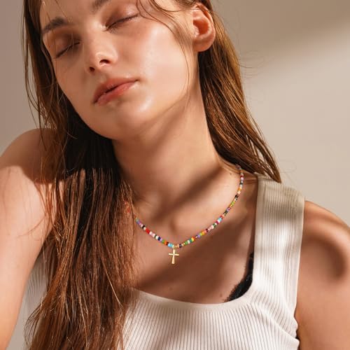 Colorful Beaded Cross Necklace for Girls Women, 14K Gold Plated Pendant Baptism Birthday Christian Religious Gifts Trendy Stuff First Communion Confirmation 15+2 Inches3