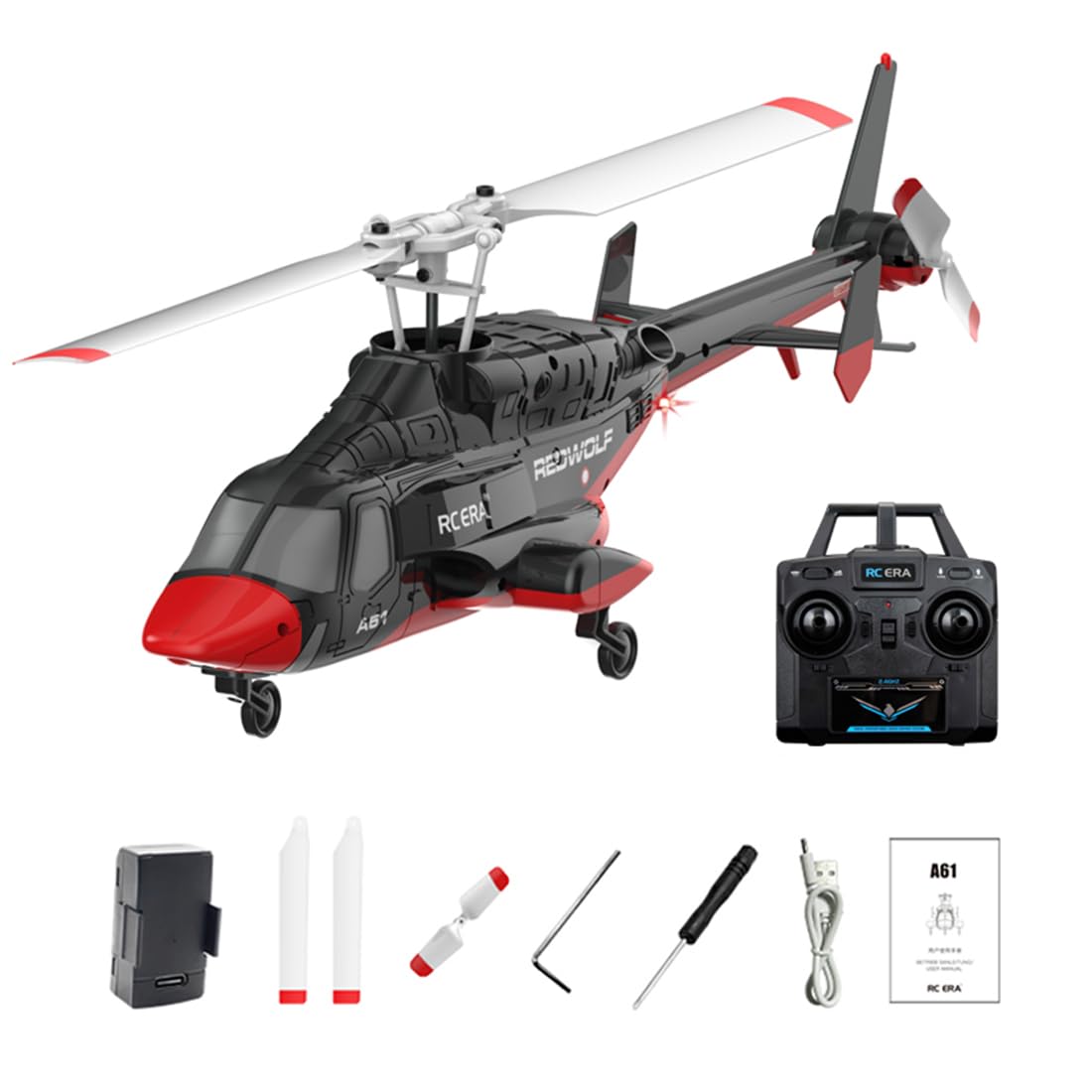 A61 Little Air-wolf RC Helicopter, 1/52 Scale 2.4G 4CH Single Rotor Remote Control Helicopter with One-Key Takeoff/Landing & LED Lights for Adults Beginners - RTF