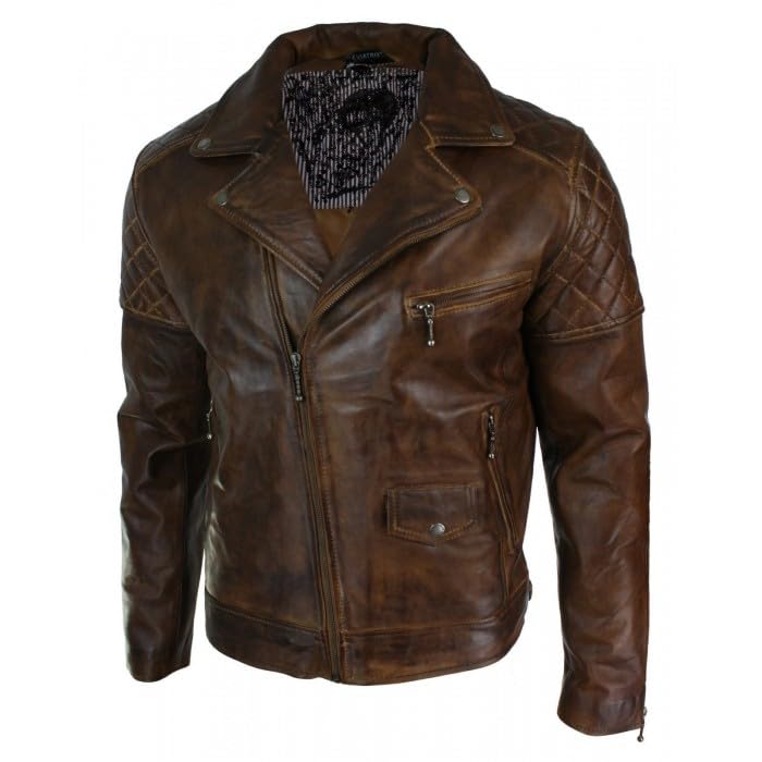 Image of Men's Leather Jacket Cafe Racer Biker Style Retro Stripes Jacket, Motorcycle Racing Leather Jacket Men