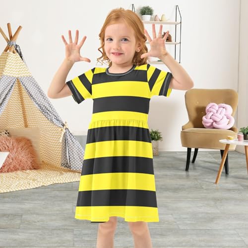 ALAZA Girls' Dresses Black and Yellow Stripes Short Sleeve Dresses3