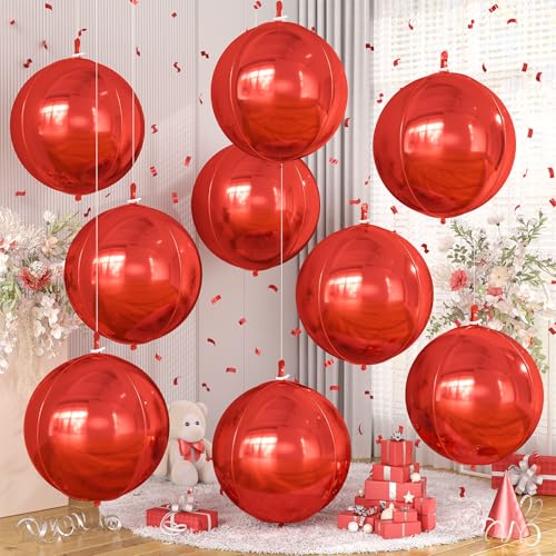 Image of 9 Pcs Red Round Foil Balloons,22 Inch Metallic Red Round Balloons | Red Giant 4D Round Ball Balloons For Casino Theme Birthday Wedding Patriotic Christmas Party Decorations