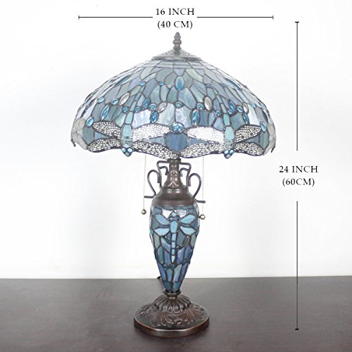 Werfactory Tiffany Table Lamp Sea Blue Stained Glass Dragonfly Style 16X16X24 Inches Mother-Daughter Vase Desk Reading Light Decor Bedroom Living Room Home Office S147 Series #TOP3