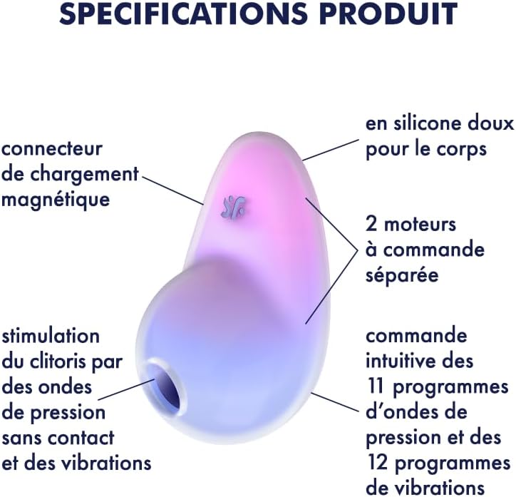 Diagram of Satisfyer Pixie Dust showing magnetic charging connector, soft silicone, two motors, air pulse stimulation, and intuitive controls.