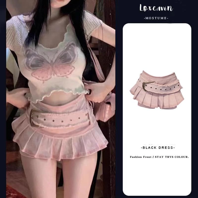 Kawaii Y2K Denim High Waist Skirt, Chic Design 80s Vintage Mini Short Skirt Preppy Harajuku Ruffle Women Girls Skirt: Small Short Pink