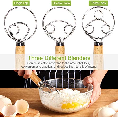 Aebor 3PCS Danish Dough Whisks with a Dough Scraper and a Stainless Steel Dough Pastry Scraper,Wooden Handle Stainless Steel Manual Dough Mixer for Pizza Dough,Bread, Biscuits and Pastry.