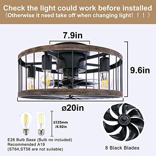 Ohniyou Caged Ceiling Fan With Light, 20 Inch Low Profile Farmhouse Ceiling Fan With Remote Control, Flush Mount Bladeless Enclosed Rustic Wood Color Edge Ceiling Fans For Living Room Kitchen Bedroom #TOP2