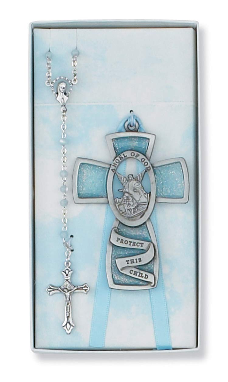 Guardian Angel Boys Girls Pewter Crib Cross Rosary Set Nursery Room Decor Baptism Christening (White)