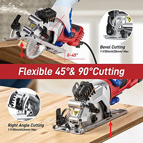 Mini Kreissäge, Handkreissäge 480W 3500RPM mit Laserführung, Skalenlineal, 2 Sägeblättern, maximale Schnitttiefe 43mm… – Bild 6