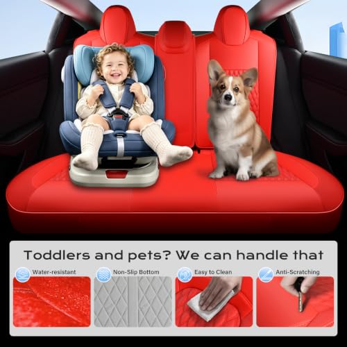 Image of Coverado Car Seat Covers for Tesla Model 3, Full Set 5 Seater, Leatherette Car Seat Covers Front Seats and Rear Back Custom for Tesla Model 3 2024-2025 New Red