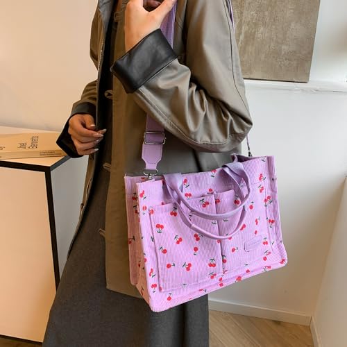 Image of Cherry Tote Bag for Women Canvas Patched Purse Cute Shoulder Bag Multi-Pocket Satchel Handbag for work travel