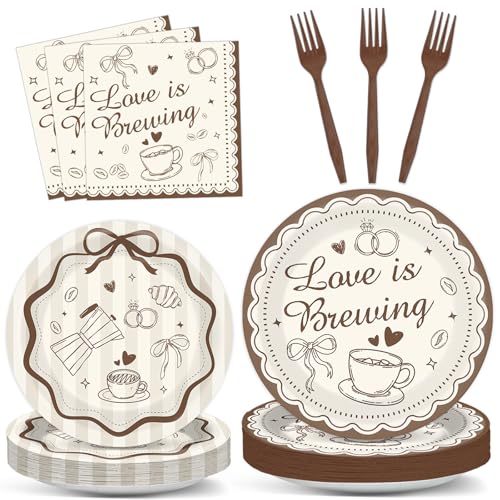 Image of 96Pcs Love Is Brewing Bridal Shower Decorations Brown Coffee Paper Plates and Napkin Love Is Brewing Party Tableware Set Bachelorette Engagement Anniversary for Wedding Serves 24 Guests