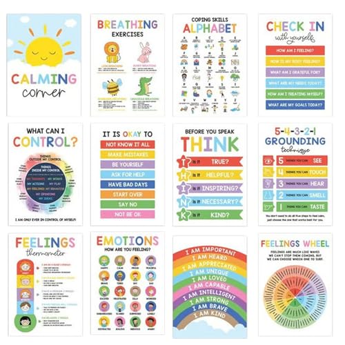 Poster Beruhigungsecke Klassenzimmer Gefühlsrad Diagramm Emotionsposter Kinder, 12er Pack Dekoration Zur Beruhigung Im Klassenzimmer, Motivationsposter Leseecke, Therapie Beratung Bürobedarf