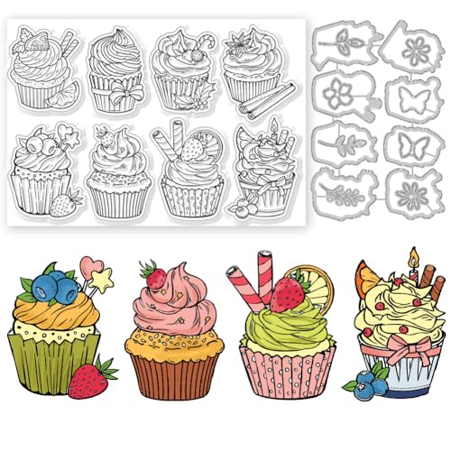GLOBLELAND Cupcake Clear Stamps and Cutting Dies Cupcake Stamps and Embossing Die Cuts Silicone Stamp Cards and Metal Cutting Die for Card Making and DIY Embossing Scrapbooking