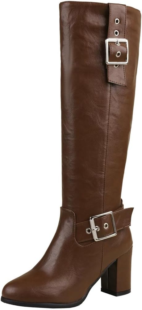 DINTAHA Fall Boots Women Knee High Heel Boots Chunky Knee High Heeled Boots with Zip Up Tall Boots