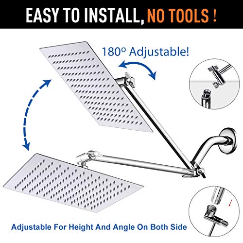 Harjue High Pressure Large Stainless Steel Square Rain Showerhead With Shower Arm Waterfall Full Body Coverage Easy To Clean And Install (12'' Square Shower Head With Arm, Chrome Finish) #TOP4