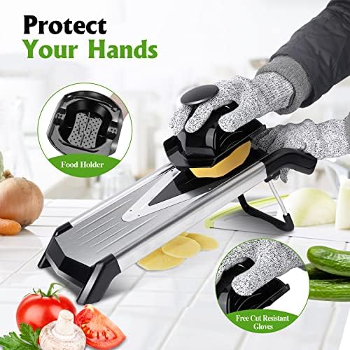 Midyb Mandolin Slicer, 5 in 1 Professional Mandoline Slicer with V Blades, Kitchen Food Julienne Cutter for Onions Fruits, Stainless Steel, Send Cleaning Brush & Cut Proof Gloves