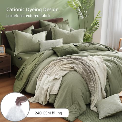 Monbix King Size Comforter Set, Sage Green King Size Bed Set Reversible 7 Pieces, Cationic Dyeing Bed in a Bag with Comforter, Sheets, Pillowcases & Shams