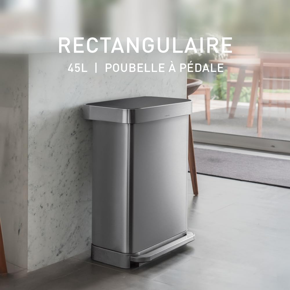 simplehuman poubelle rectangulaire à pédale, avec réserve à sacs, acier inoxydable brossé avec couvercle en plastique gris, 45 litres
