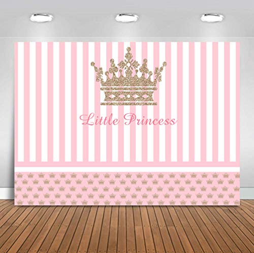 Sensfun Little Princess Baby Shower Backdrop for Girls Sweet Pink Stripes Gold Crown Royal Celebration Party Decoration Princess Birthday Cake Table Banner Background 7x5ft