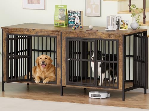 Ironovacage 78 Double Dog Crate Furniture for 2 Dogs Heavy Duty Wooden Dog Cage with Divider for Medium/Large Dogs Indoor Dog Kennel Furniture as TV Stand Decorative Crate with 4 Doors Brown