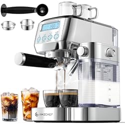 AMZCHEF Espresso Machine with Upgraded Automatic Milk Frother, 20 Bar Cappuccino Machines with LCD Display for Home Gifts, Latte Coffee Maker with Dual Wall & Filters, Sliver