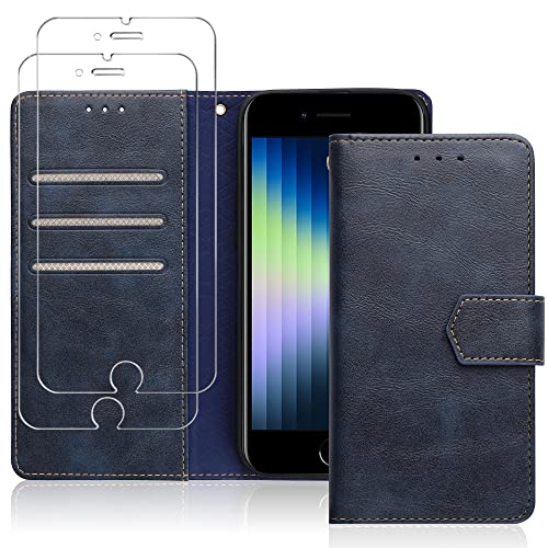Vaks For Iphone Se 2022 Case/Iphone Se 2020 Case,Iphone 7 8 Case Wallet Card Case With 2 Screen Protector + Guide Frame,Pu Leather Flip Cover Rfid Blocking Card Slot Case, Blue #TOP3