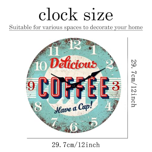 Image of XFM 12 Inch Silent Wooden Wall Clocks Battery Operated Blue Retro Coffee | Vintage Round Decorative for Kitchen Cafes Bar Farmhouse Office Non-Ticking