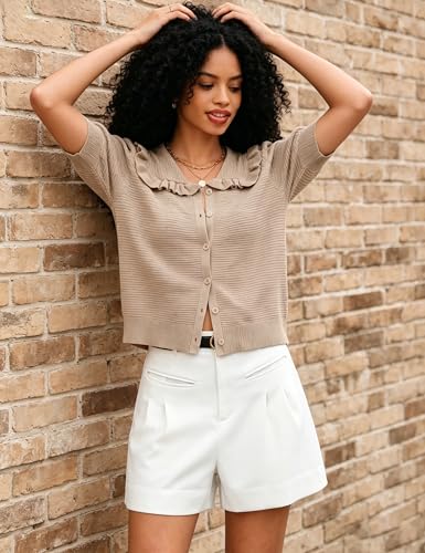 Image of Watashi Womens Ruffle Collar Puff Short Sleeve Cardigan Knit Crop Top | Peter Pan Collar Crochet Knitted Summer Fall Casual Work Wear Sweater