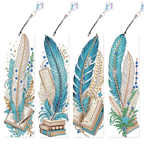Image of 4-Pack 5D Diamond Painting Bookmarks Kit, Peacock Feather DIY Diamond Art Bookmarks with Rhinestones and Tassels, Creative Bookmark Making Set for Adults, Gift for Book Lovers