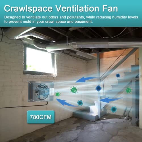 Stainless Steel Crawl Space Vent Fan - 780 CFM Air Out Ventilator Fan with Humidistat Dehumidistat, IP55 Rated Exhaust Fan with Metal Fan Cage for Crawlspace Basements Garage Attic