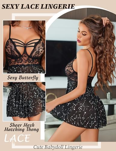 Image of Avidlove Women Lingerie Lace Babydoll Sexy Chemise Nightwear Teddy V Neck Sleepwear Boudoir Outfits