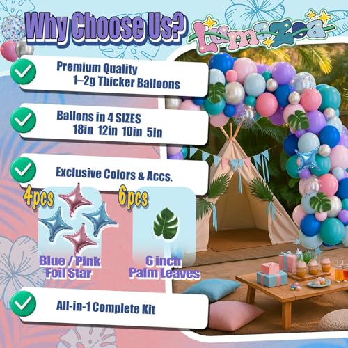 Image of 148pcs Stich Blue Purple Pink Balloon Arch Garland Kit Silver with Palm Leaves Foil Star for Hawaii Tropical Cartoon Summer Pool Theme Party Gender Reveal Decorations (Pack of 2)