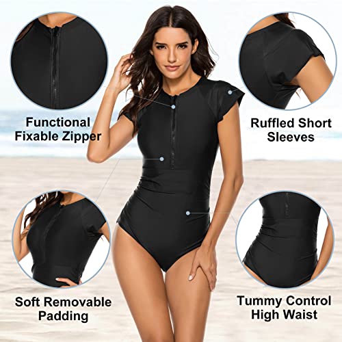 Wolddress Women Modest One Piece Bathing Suit Short Sleeve Tummy Control Swimsuit Zipper Surfing Athletic Rash Guard2