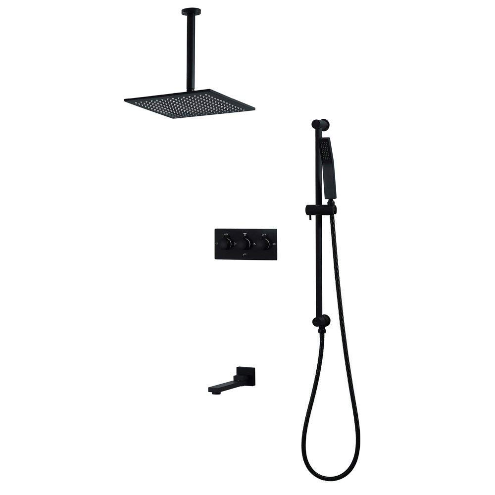 Sistema Doccia, Set Combinato Doccia con Miscelatore a Pioggia di Lusso per Bagno soffione Doccia a Pioggia Quadrato da 12 Pollici con soffione Doccia a Mano e Rubinetto per Doccia,Nero