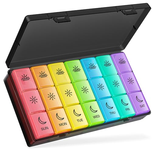 Image of BUG HULL Pill Organizer 3 Times a Day, Large Weekly Medicine Pill Organizer 3X a Day, 7 Day Pill Box Cases Morning Noon Evening for Vitamin, Cod-Liver Oil, Supplements (Rainbow Black)