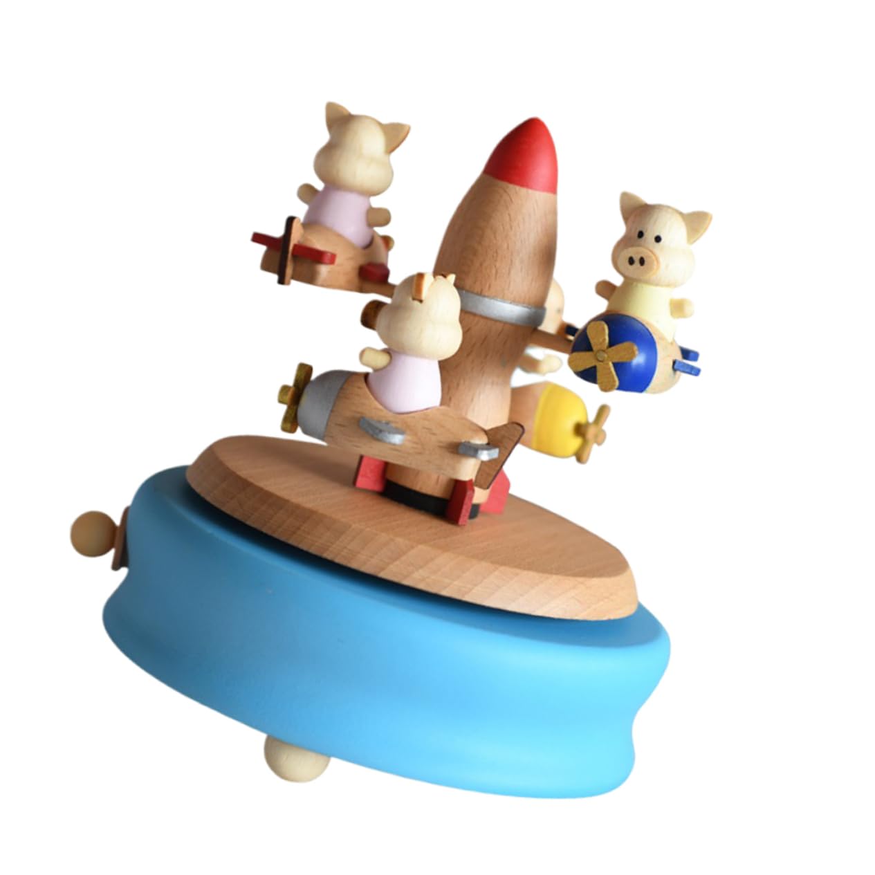 ABOOFAN Rotary Musical Kasten Holz Spieluhr Cartoon Schwein Melodiebox für Kinder Himmel Blau Mechanisch Batterie Erforderlich Handwerkskunst für Weihnachten und Besondere Anlässe