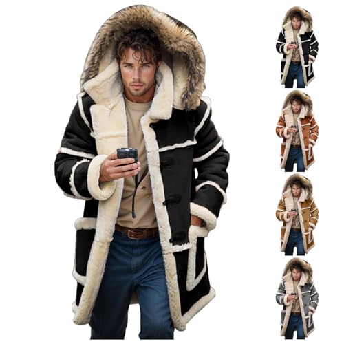 Men Shearling Coats with Hood Faux Suede Sherpa Lined Sheepskin Jackets Warm Winter Faux Leather Long Trench Coat4