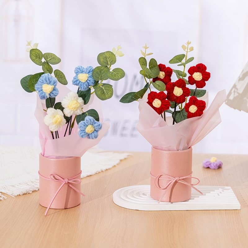 Image of Artificial Crochet Flower Bouquet /Artificial Flowers Bunch /Crochet Flowers Bouquet /Crochet Flowers /Flowers Bouquet Gift for Girls Home Decor (Red)