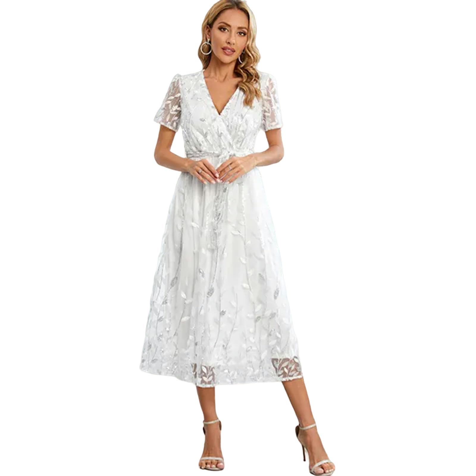 TEidea Vestito Donna Elegante Abiti Bianchi con Paillettes: Abito A Maglie A Manica Corta per Donne, Perfetto per Feste, Balli E Occasioni Speciali