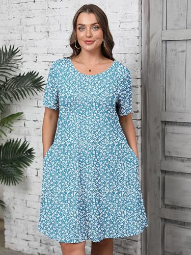 Image of AusLook Plus Size Midi Dress for Women Casual Summer Short Sleeve A Line Swing Dress with Pocket Round Neck Flowy Dress 1X-5X
