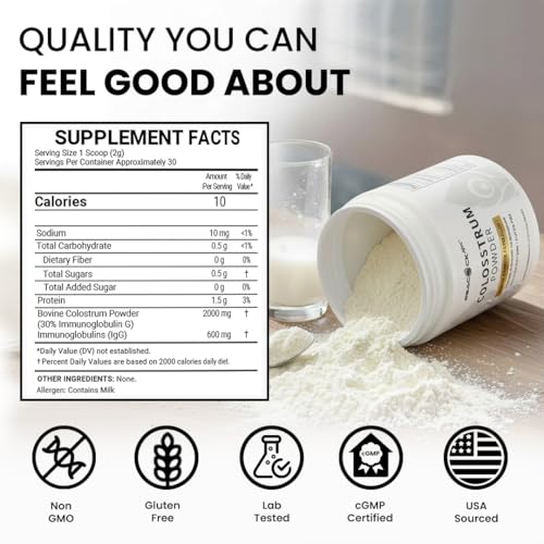 Image of Colostrum Powder - 60g (30 Servings), Unflavored Bovine Colostrum Supplement, Superfood for Hair, Skin & Gut Health, Gluten-Free, Non-GMO