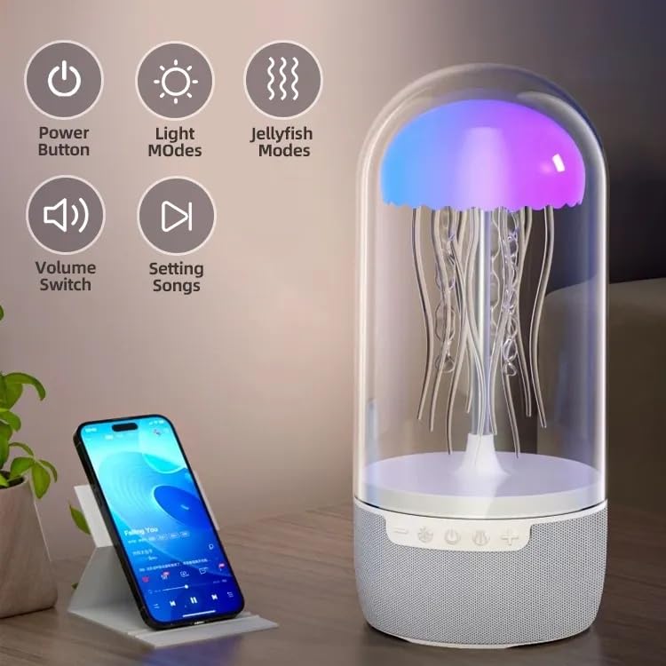Image of One94Store Jellyfish Lamp Bluetooth Speaker - 7-Color Changing LED Night Light with Floating Jellyfish Effect, Smart Wireless Speaker, 1500mAh Rechargeable Battery