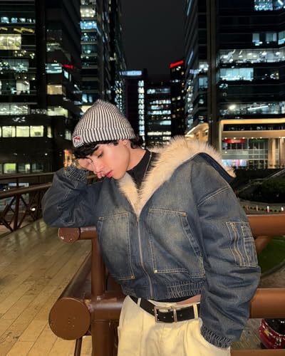 Fuzzy Hoodie Lined Thicken Denim Urban Vintage Trucker Hooded Jean Jacket Outwear2