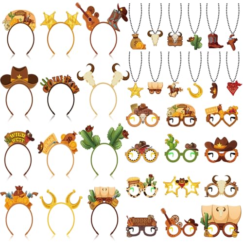 Herdear 36 Pcs Western Party Favors Cowboy Felt Headband Eyeglasses